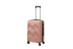 24 inch rose gold hard shell luggage with a geometric zigzag pattern, side view with four wheels
