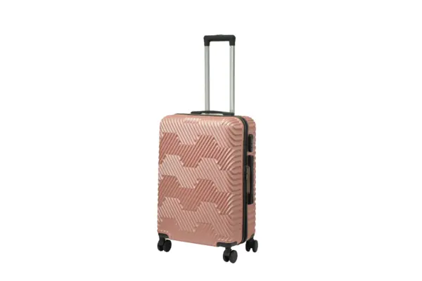 24 inch rose gold hard shell luggage with a geometric zigzag pattern, side view with four wheels