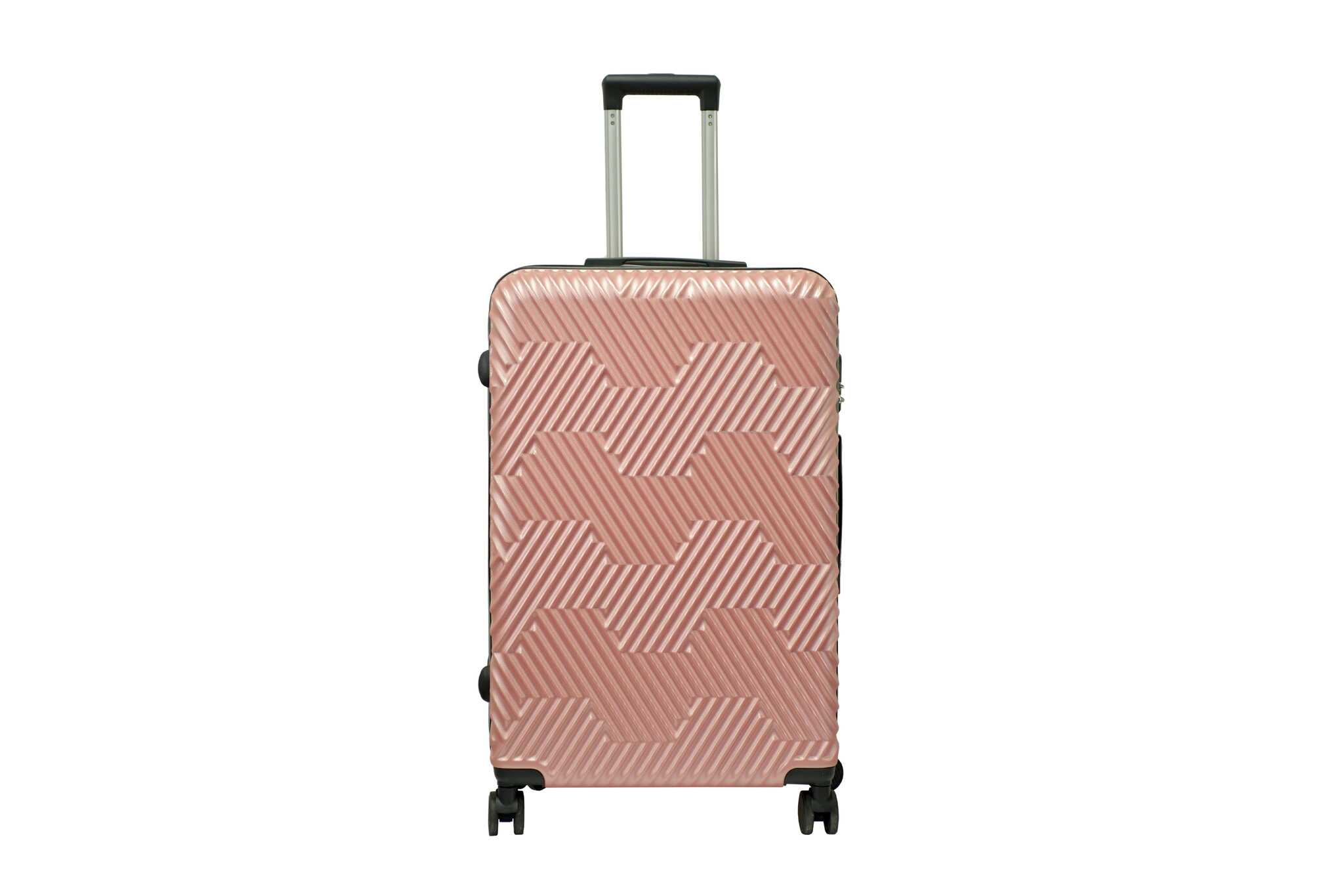 28286 copy 28 inch rose gold hard shell luggage with a geometric zigzag pattern, front view