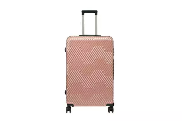 28 inch rose gold hard shell luggage with a geometric zigzag pattern, front view