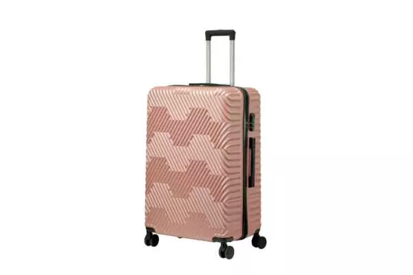 28 inch rose gold hard shell luggage with a geometric zigzag pattern, side view with four wheels