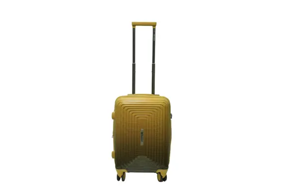 20 inch orange hard shell luggage with a concentric line pattern, front view