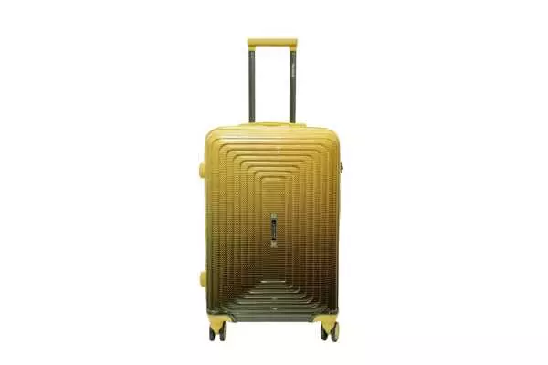 24 inch orange hard shell luggage with a concentric line pattern, front view