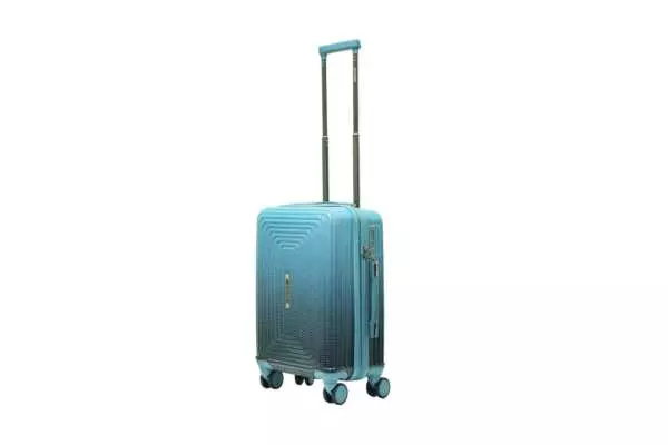 20 inch blue hard shell luggage with a concentric line pattern, side view with four wheels