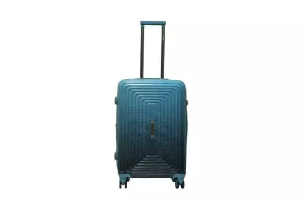 24 inch blue hard shell luggage with a concentric line pattern, front view
