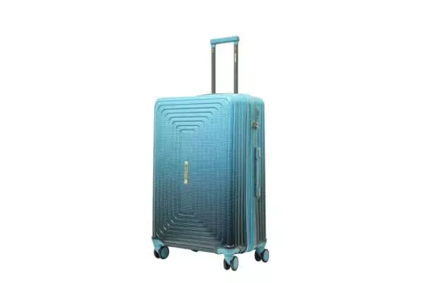 28 inch blue hard shell luggage with a concentric line pattern, side view with four wheels