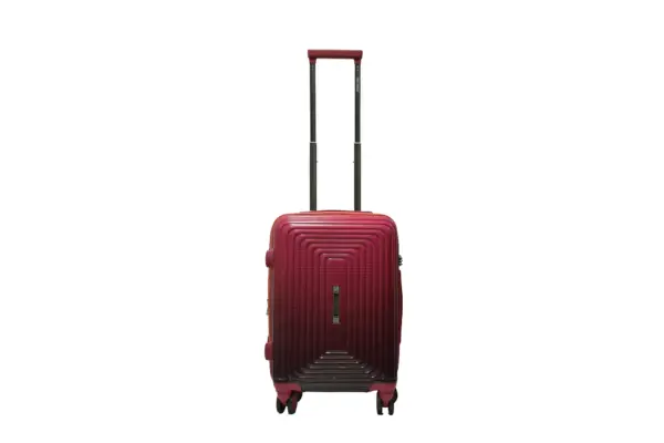 20 inch maroon hard shell luggage with a concentric line pattern, front view