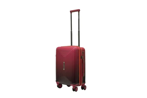 20 inch maroon hard shell luggage with a concentric line pattern, side view with four wheels