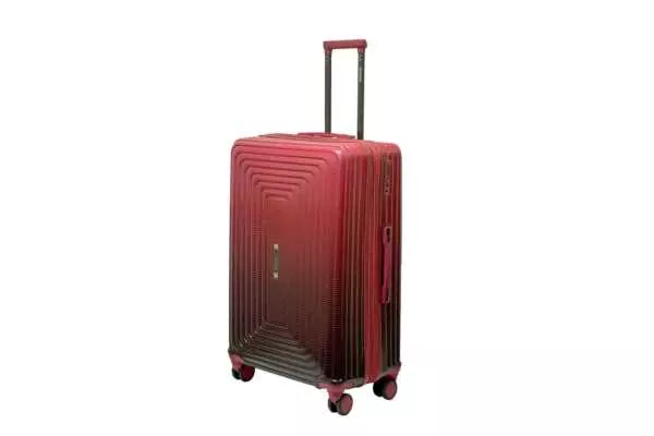 28 inch maroon hard shell luggage with a concentric line pattern, side view with four wheels