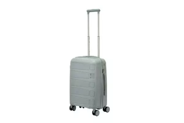 20 inch grey hard shell luggage with a raised horizontal panel design, front view