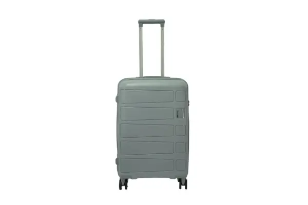 24 inch grey hard shell luggage with a raised horizontal panel design, front view