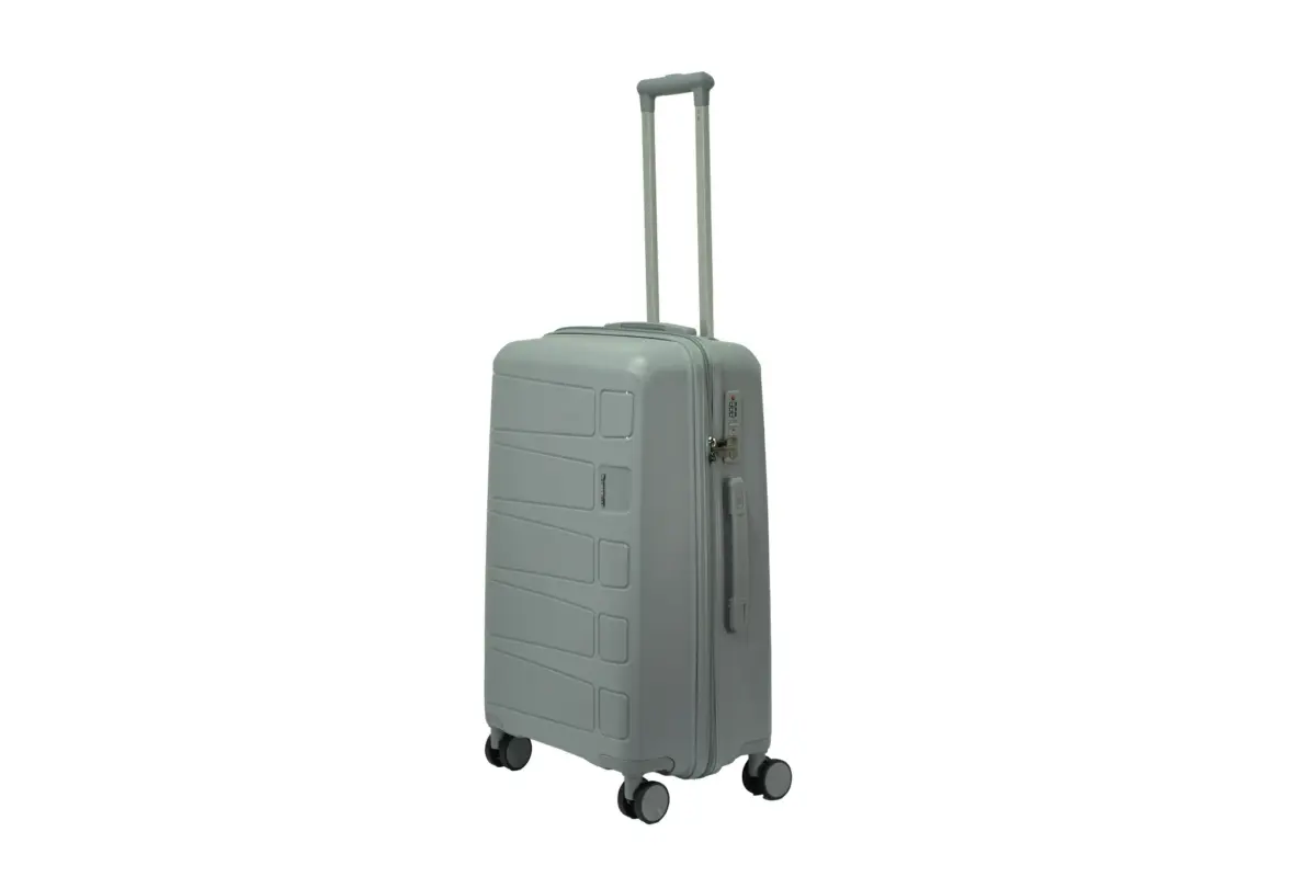 24 inch grey hard shell luggage with a raised horizontal panel design, side view with four wheels