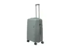 24 inch grey hard shell luggage with a raised horizontal panel design, side view with four wheels
