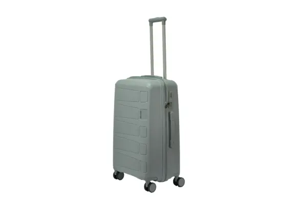 24 inch grey hard shell luggage with a raised horizontal panel design, side view with four wheels