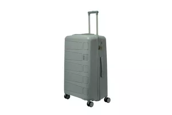28 inch grey hard shell luggage with a raised horizontal panel design, side view with four wheels