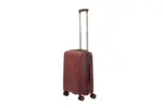 20 inch maroon hard shell luggage with a raised horizontal panel design, side view with four wheels