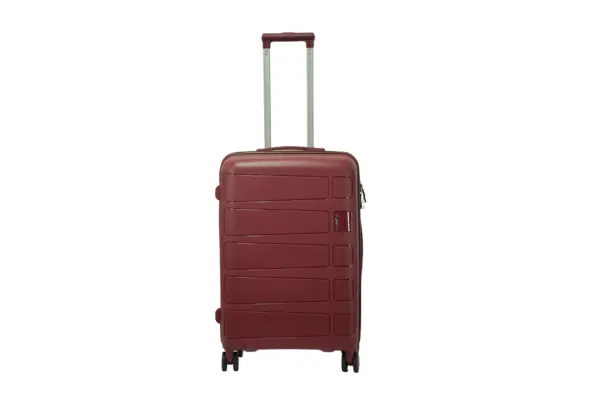 24 inch maroon hard shell luggage with a raised horizontal panel design, front view