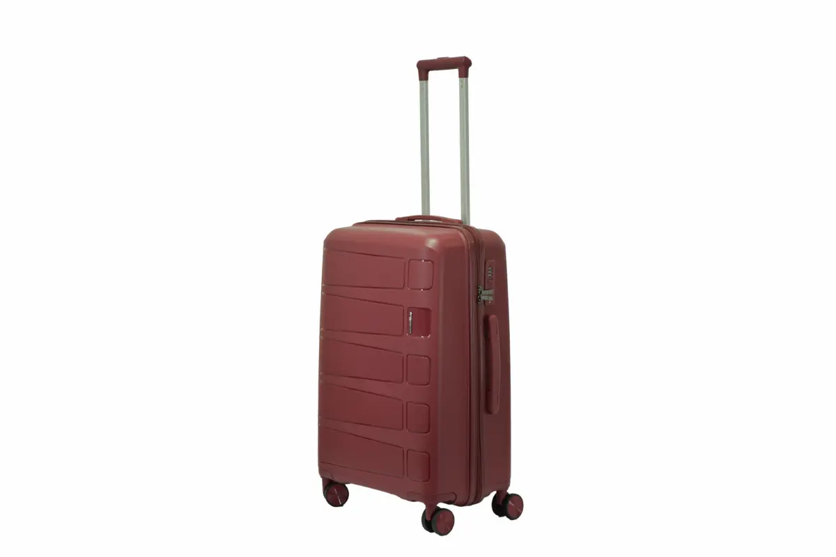 24 inch maroon hard shell luggage with a raised horizontal panel design, side view with four wheels