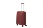 24 inch maroon hard shell luggage with a raised horizontal panel design, side view with four wheels