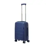 20 inch blue hard shell luggage with a raised horizontal panel design, front view