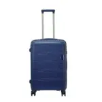 24 inch blue hard shell luggage with a raised horizontal panel design, front view