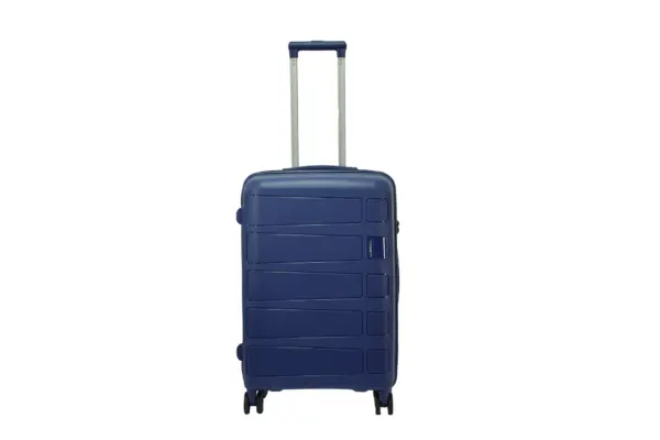 24 inch blue hard shell luggage with a raised horizontal panel design, front view
