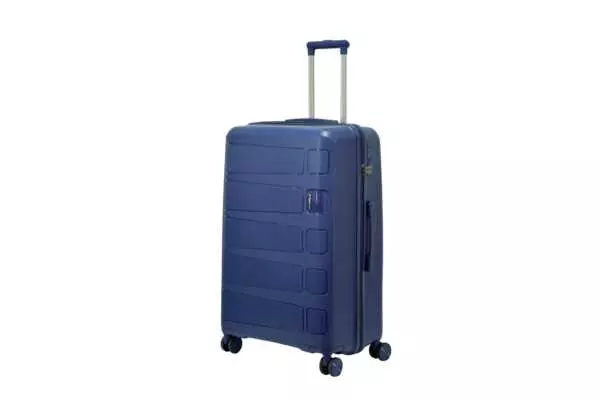28 inch blue hard shell luggage with a raised horizontal panel design, side view with four wheels