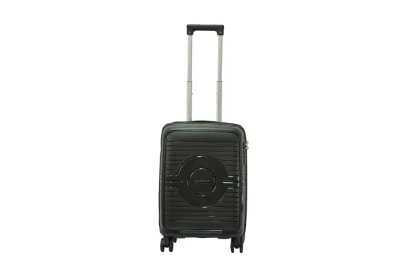 20 inch black hard shell luggage with a round emblem panel, front view