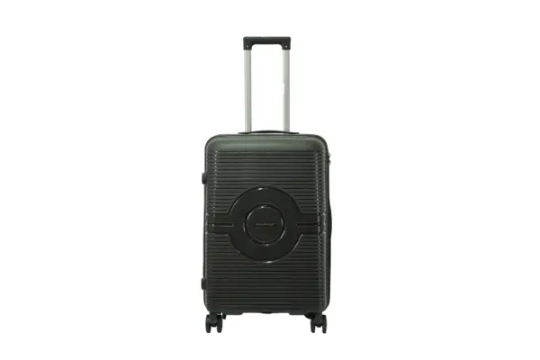 24 inch black hard shell luggage with a round emblem panel, front view
