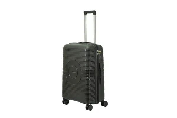 24 inch black hard shell luggage with a round emblem panel, side view with four wheels