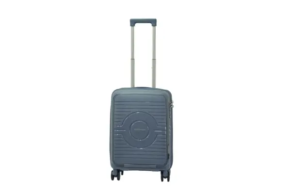 20 inch blue hard shell luggage with a round emblem panel, front view