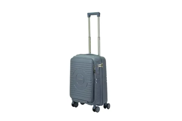 20 inch blue hard shell luggage with a round emblem panel, side view with four wheels