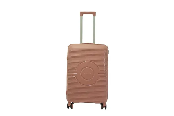 24 inch rose gold hard shell luggage with a round emblem panel, front view
