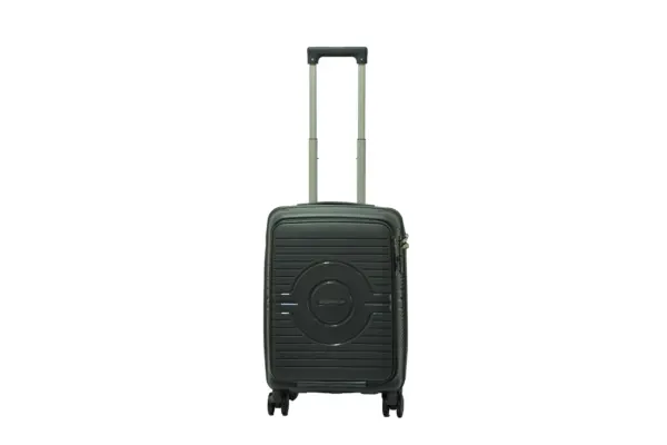 20 inch dark grey hard shell luggage with a round emblem panel, front view