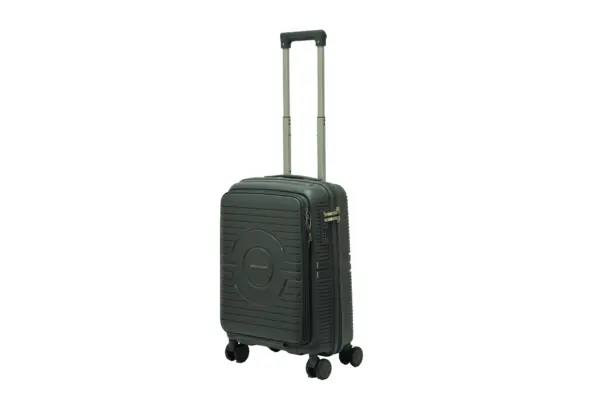 20 inch dark grey hard shell luggage with a round emblem panel, side view with four wheels