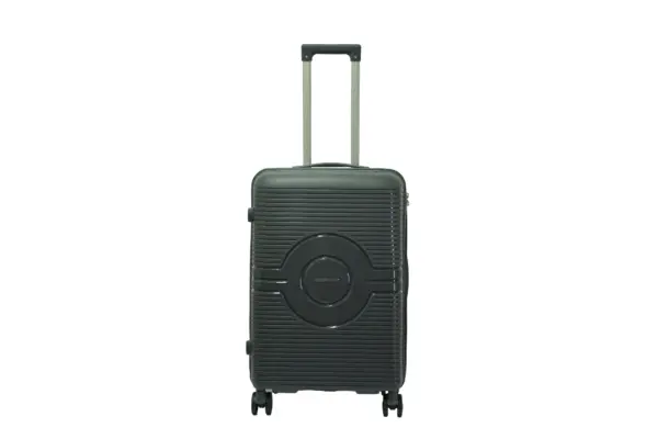 24 inch dark grey hard shell luggage with a round emblem panel, front view
