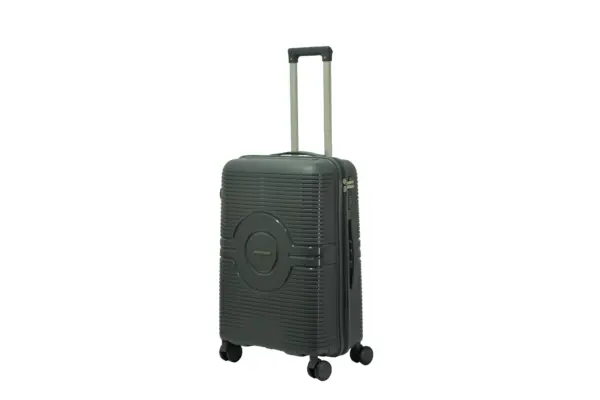 24 inch dark grey hard shell luggage with a round emblem panel, side view with four wheels