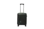 20 inch black hard shell luggage with fine horizontal ribs and a small round badge, front view