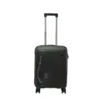 20 inch black hard shell luggage with fine horizontal ribs and a small round badge, front view