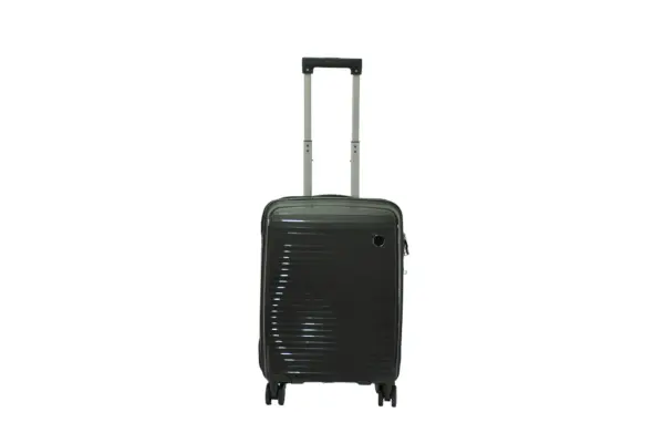 20 inch black hard shell luggage with fine horizontal ribs and a small round badge, front view