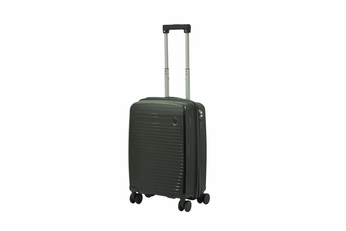 20 inch black hard shell luggage with fine horizontal ribs and a small round badge, side view with four wheels