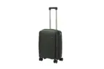 20 inch black hard shell luggage with fine horizontal ribs and a small round badge, side view with four wheels