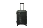 24 inch black hard shell luggage with fine horizontal ribs and a small round badge, front view