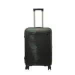 24 inch black hard shell luggage with fine horizontal ribs and a small round badge, front view
