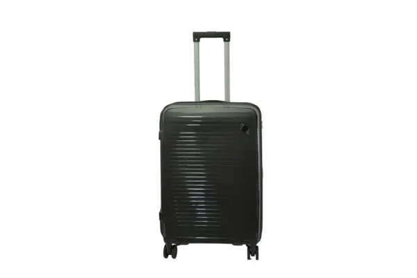 24 inch black hard shell luggage with fine horizontal ribs and a small round badge, front view