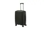 24 inch black hard shell luggage with fine horizontal ribs and a small round badge, side view with four wheels