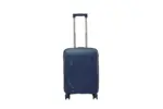 20 inch dark blue hard shell luggage with fine horizontal ribs and a small round badge, front view