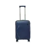 20 inch dark blue hard shell luggage with fine horizontal ribs and a small round badge, front view