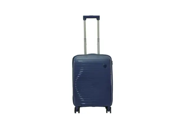 20 inch dark blue hard shell luggage with fine horizontal ribs and a small round badge, front view