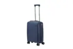 20 inch dark blue hard shell luggage with fine horizontal ribs and a small round badge, side view with four wheels